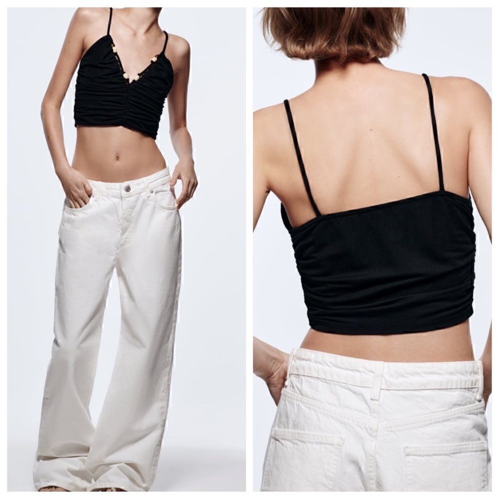 Zara Top Womens medium Beaded cropped bustier ruched Black New